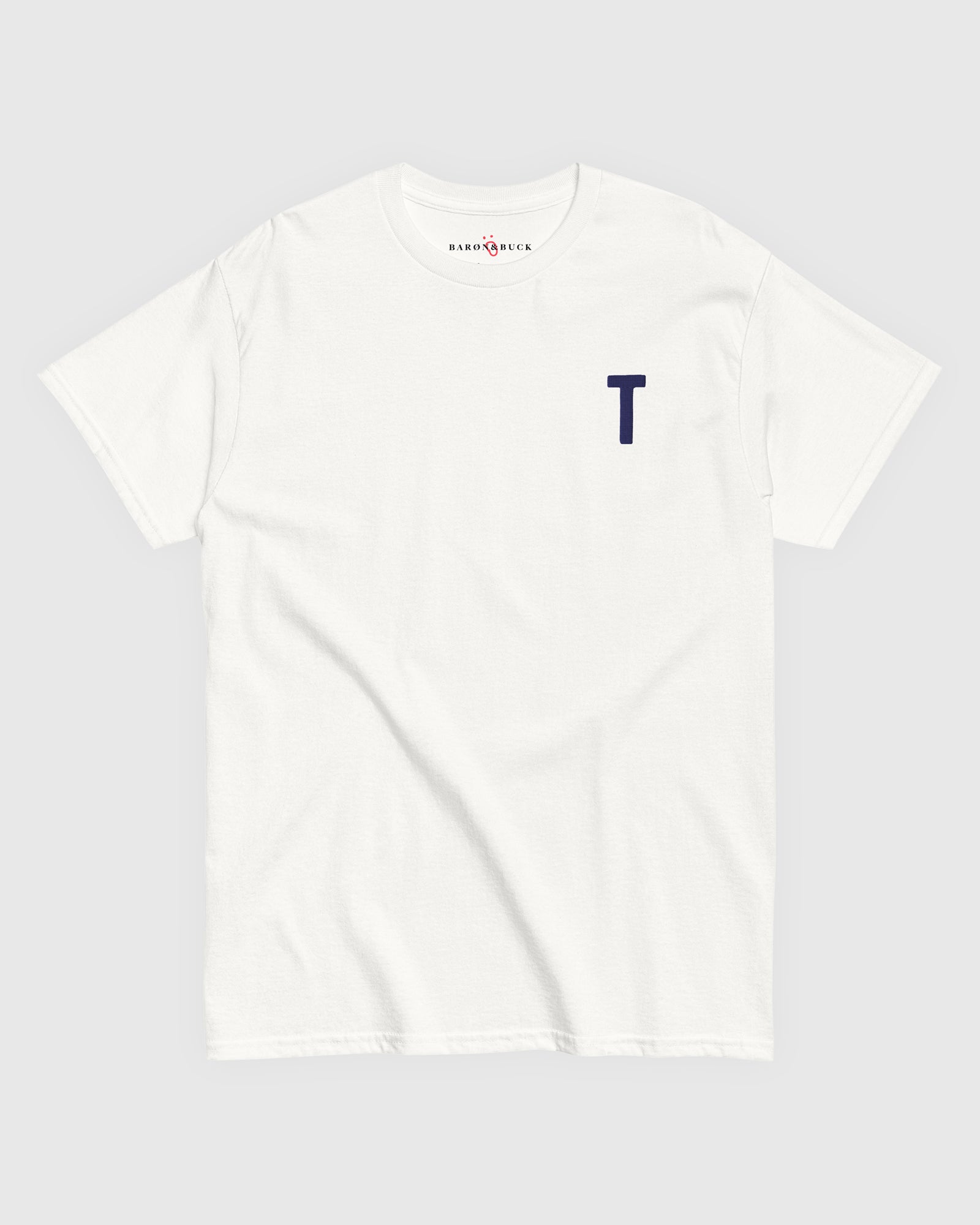 Harbour Monogram White heavyweight t-shirt with blue embroidered letter T by Baron & Buck
