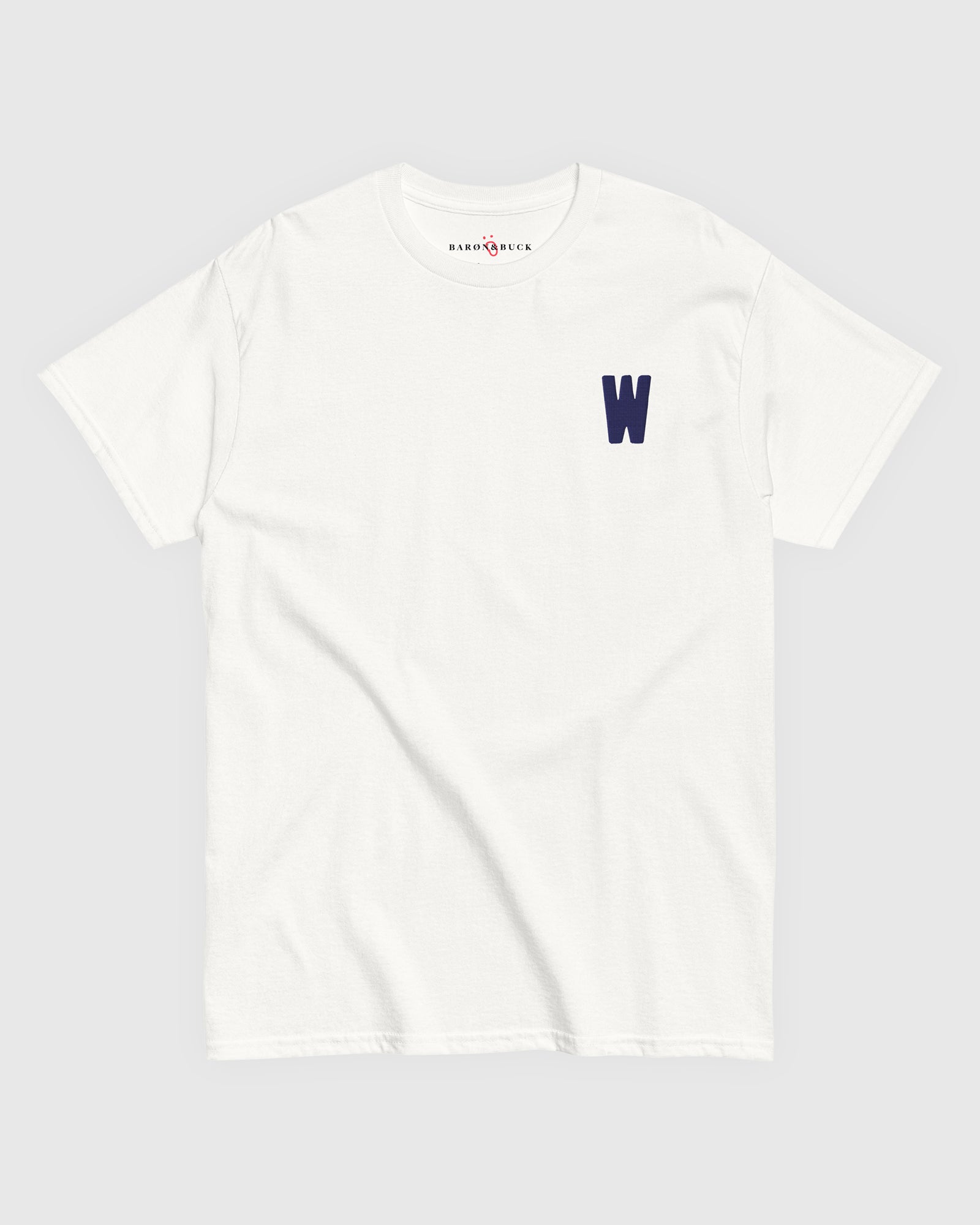 Harbour Monogram White heavyweight t-shirt with blue embroidered letter W by Baron & Buck