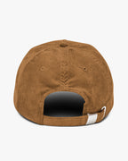 Back view of Baron and Buck varsity monogram corduroy hat in Camel with adjustable corduroy strap and metal buckle