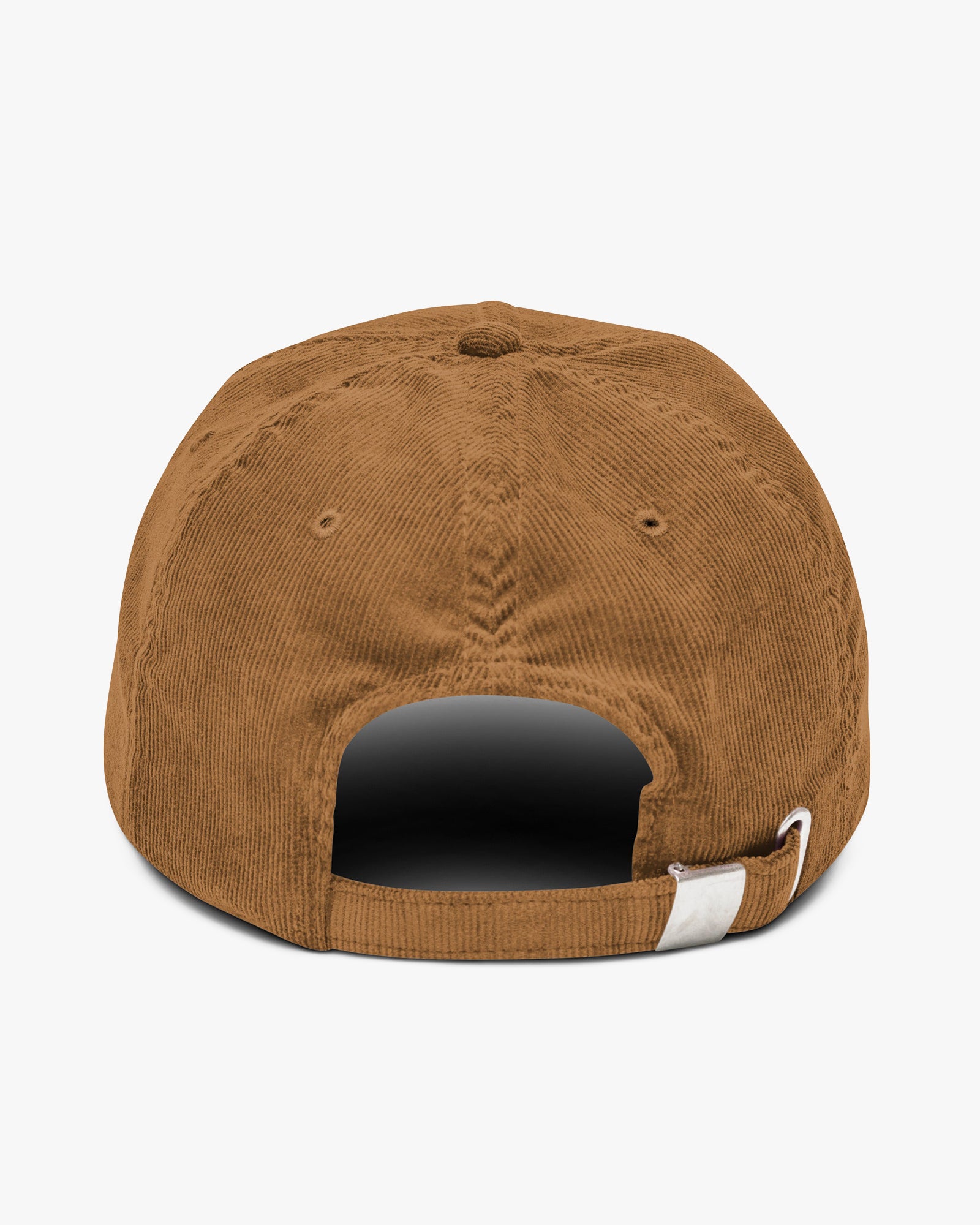 Back view of Baron and Buck varsity monogram corduroy hat in Camel with adjustable corduroy strap and metal buckle
