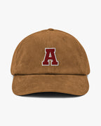 Baron and Buck varsity monogram corduroy hat in Camel, front view, featuring embroidered initial and classic baseball cap silhouette