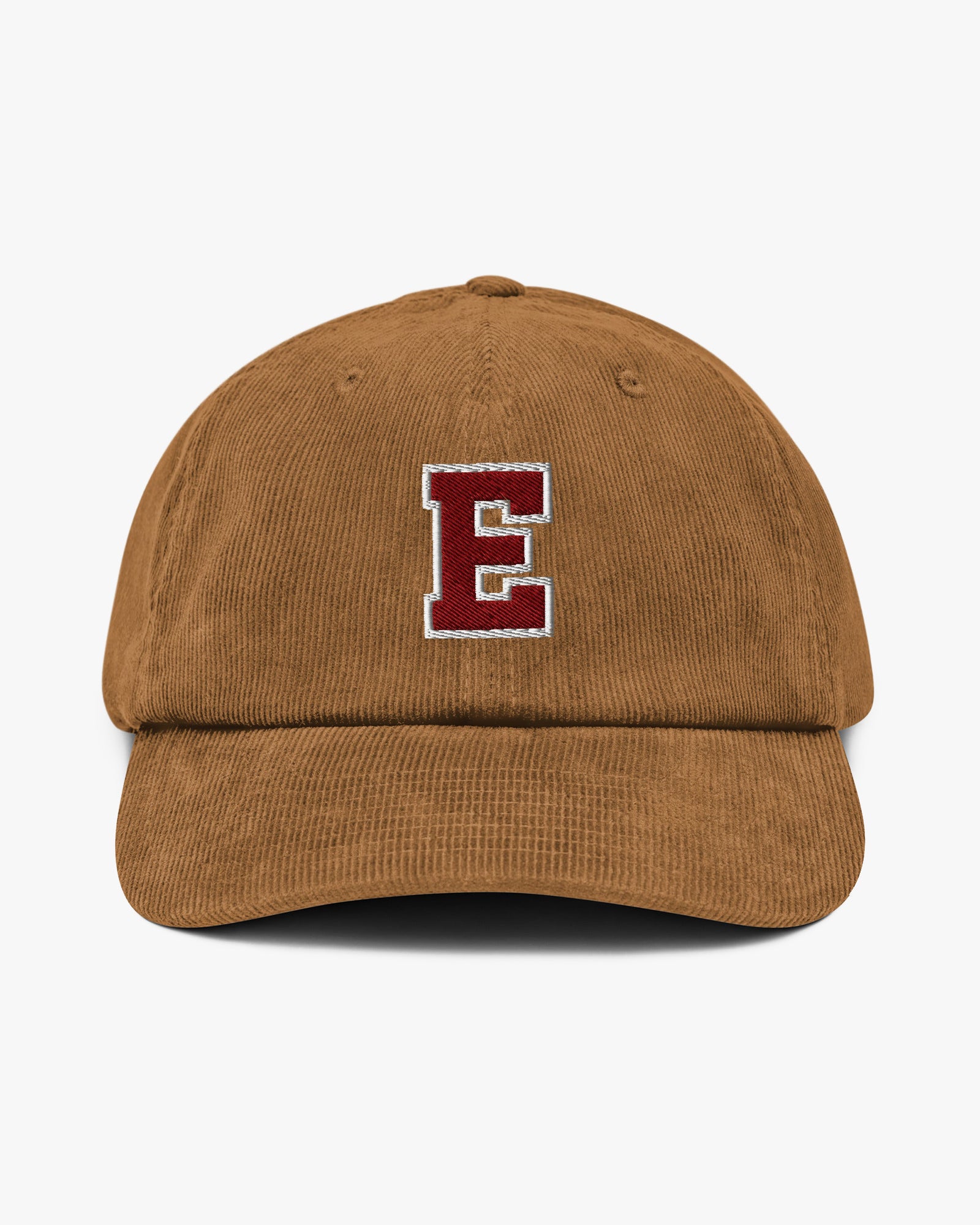 Baron and Buck varsity monogram corduroy hat in Camel, front view, featuring embroidered initial and classic baseball cap silhouette