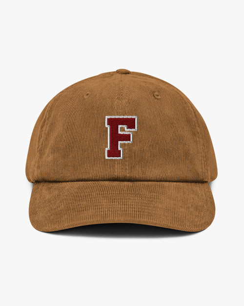 Baron and Buck varsity monogram corduroy hat in Camel, front view, featuring embroidered initial and classic baseball cap silhouette
