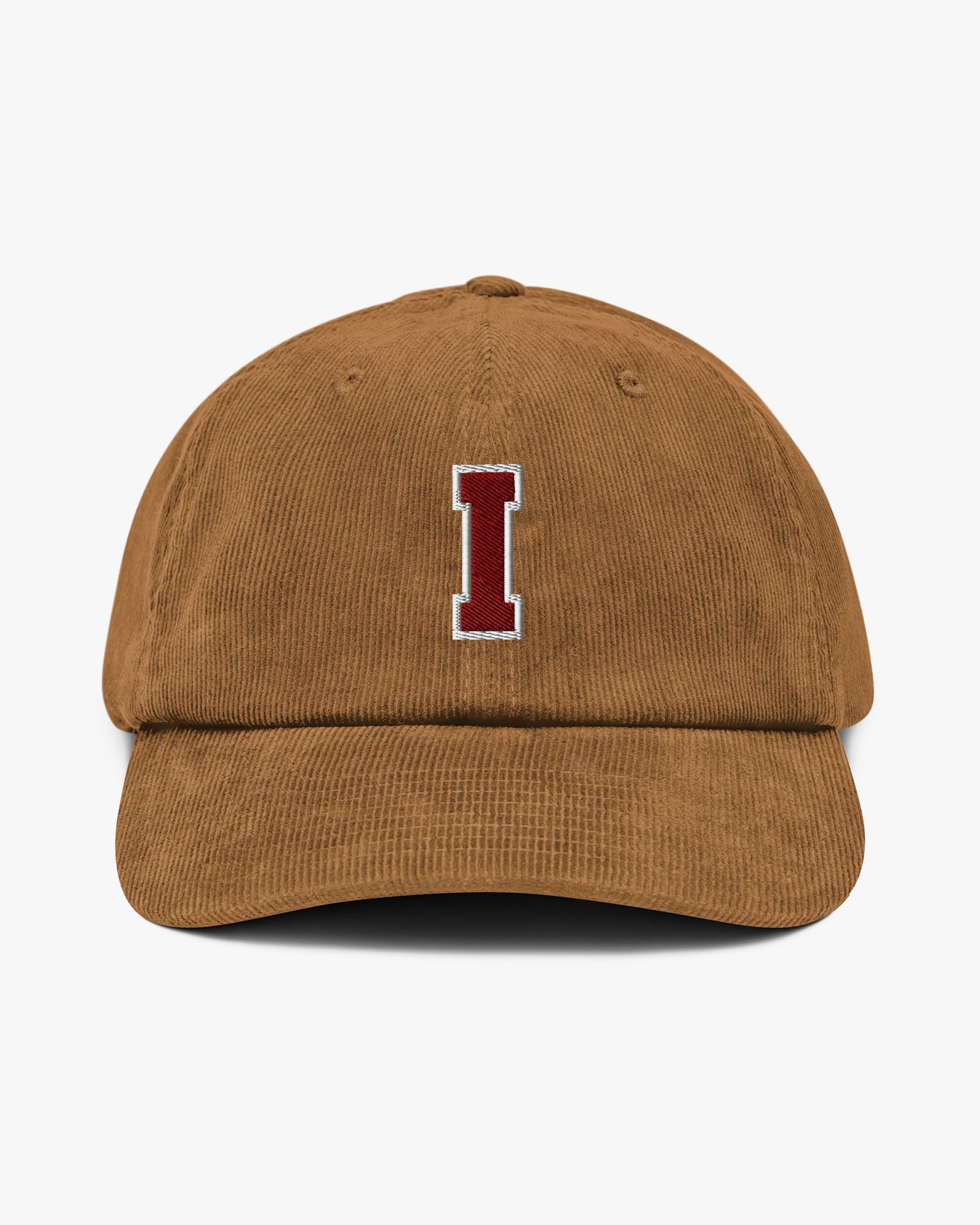 Baron and Buck varsity monogram corduroy hat in Camel, front view, featuring embroidered initial and classic baseball cap silhouette