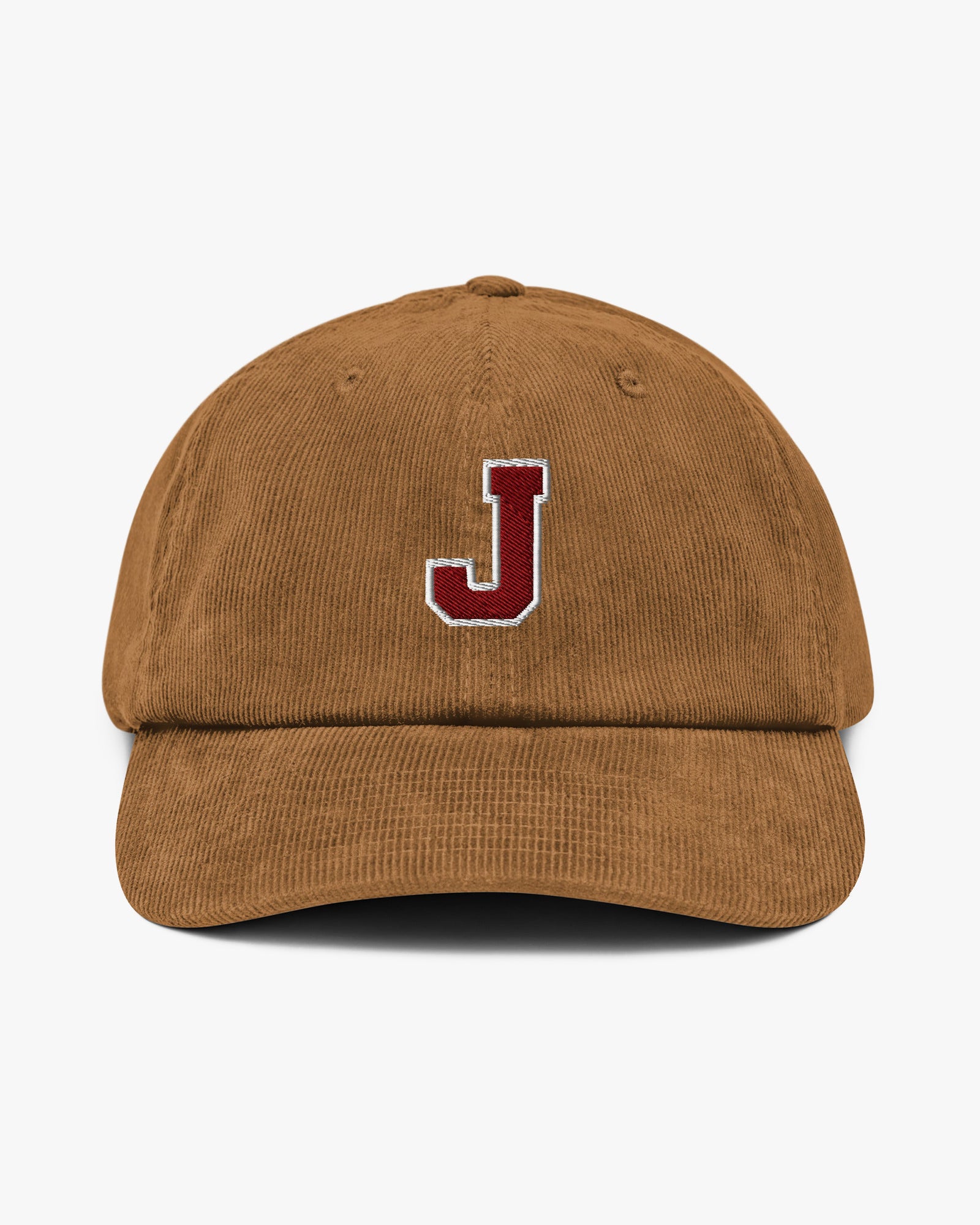 Baron and Buck varsity monogram corduroy hat in Camel, front view, featuring embroidered initial and classic baseball cap silhouette