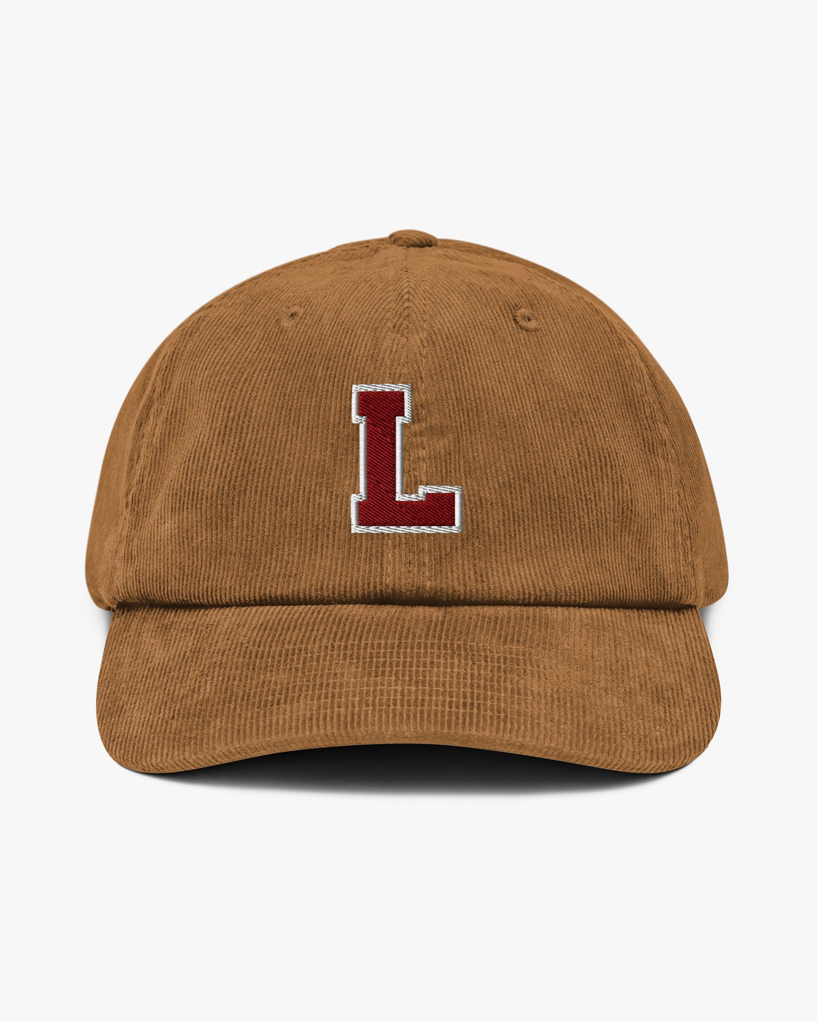 Baron and Buck varsity monogram corduroy hat in Camel, front view, featuring embroidered initial and classic baseball cap silhouette