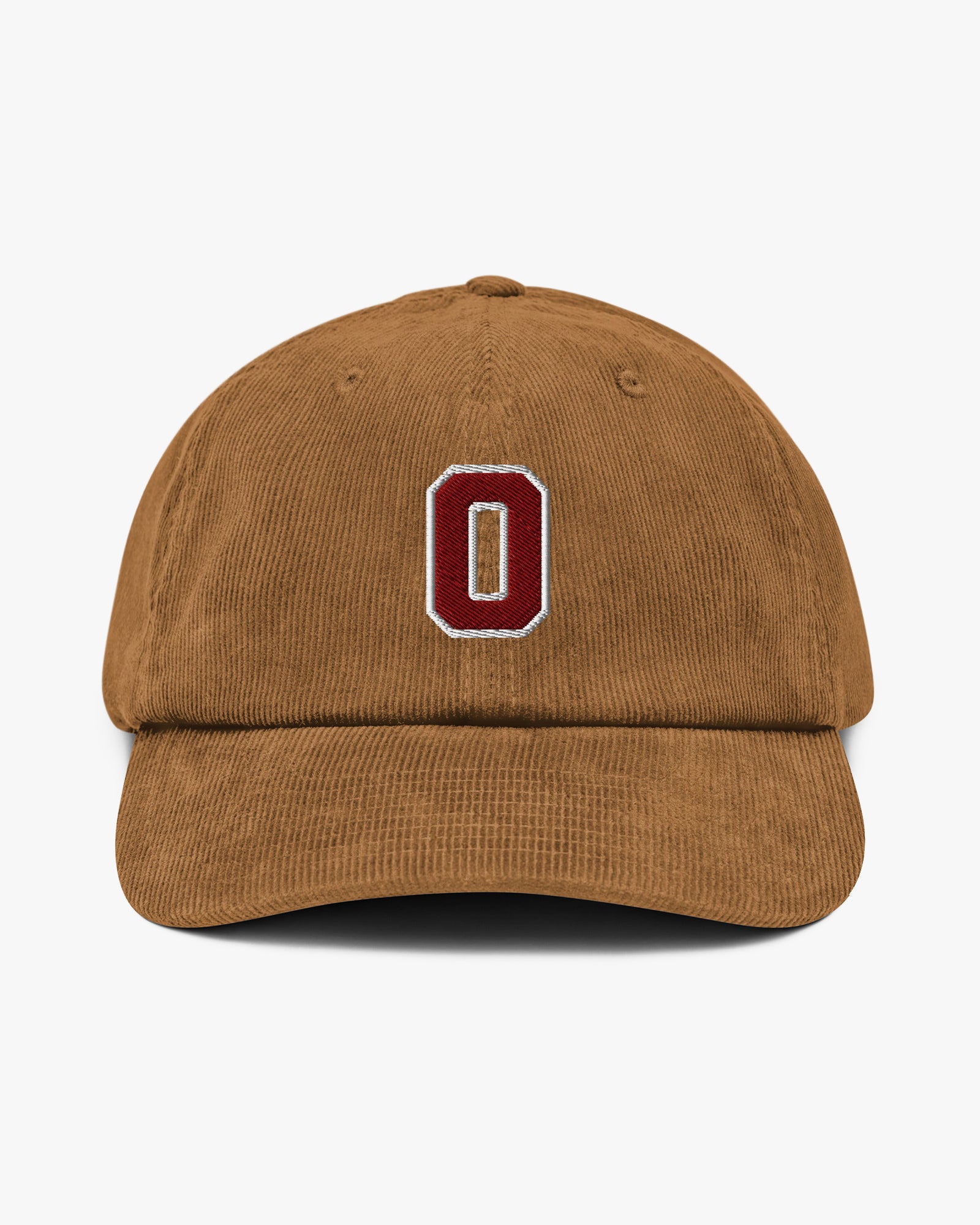 Baron and Buck varsity monogram corduroy hat in Camel, front view, featuring embroidered initial and classic baseball cap silhouette