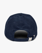Back view of Baron and Buck varsity monogram corduroy hat in Oxford Navy with adjustable corduroy strap and metal buckle