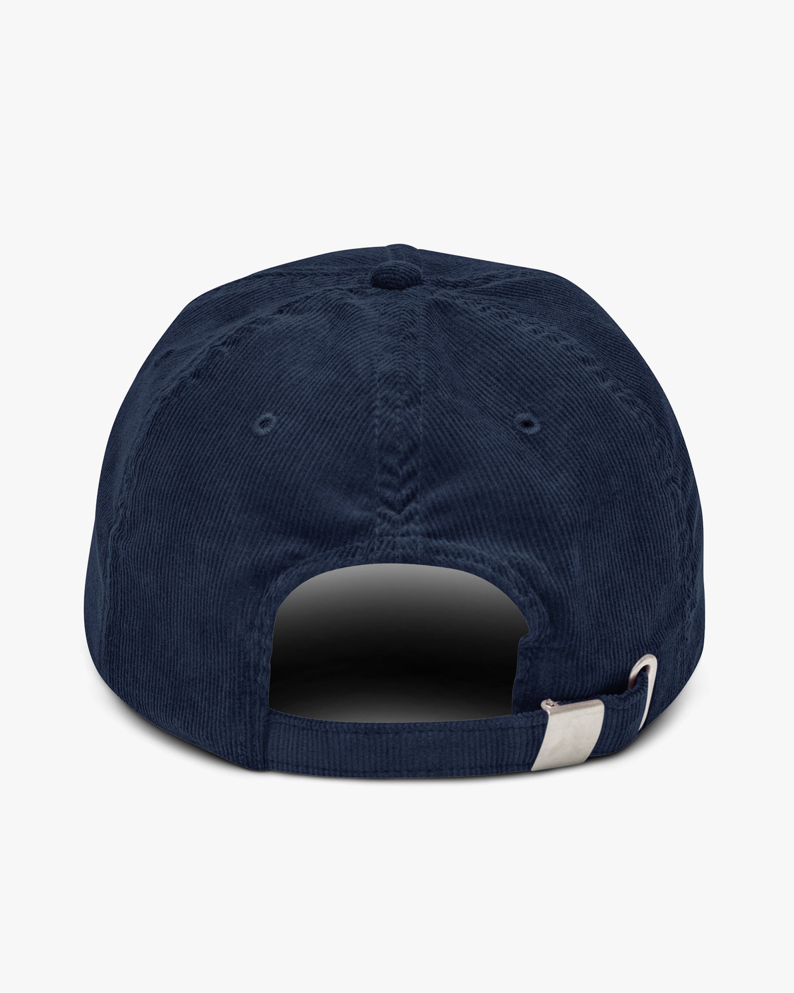 Back view of Baron and Buck varsity monogram corduroy hat in Oxford Navy with adjustable corduroy strap and metal buckle