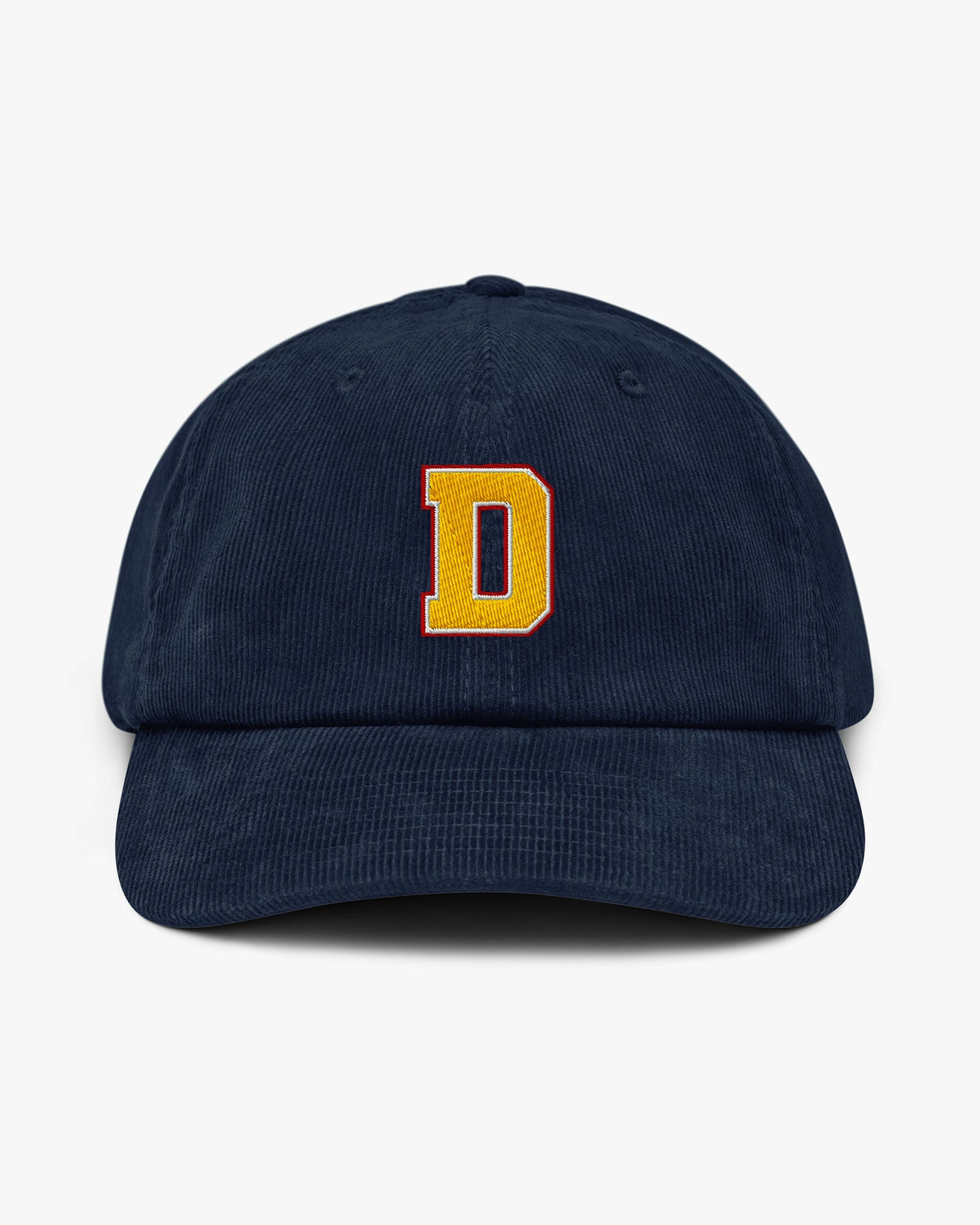 Baron and Buck varsity monogram corduroy hat in Oxford Navy, front view, featuring embroidered initial and classic baseball cap silhouette