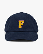 Baron and Buck varsity monogram corduroy hat in Oxford Navy, front view, featuring embroidered initial and classic baseball cap silhouette