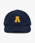 Baron and Buck varsity monogram corduroy hat in Oxford Navy, front view, featuring embroidered initial and classic baseball cap silhouette
