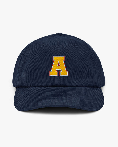 Baron and Buck varsity monogram corduroy hat in Oxford Navy, front view, featuring embroidered initial and classic baseball cap silhouette