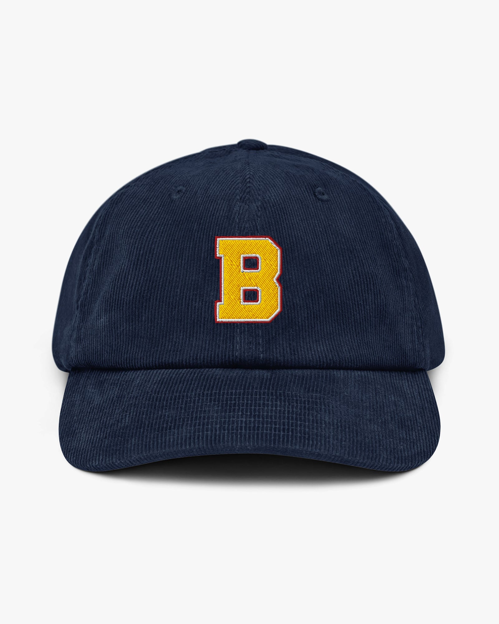 Baron and Buck varsity monogram corduroy hat in Oxford Navy, front view, featuring embroidered initial and classic baseball cap silhouette