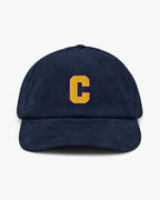 Baron and Buck varsity monogram corduroy hat in Oxford Navy, front view, featuring embroidered initial and classic baseball cap silhouette