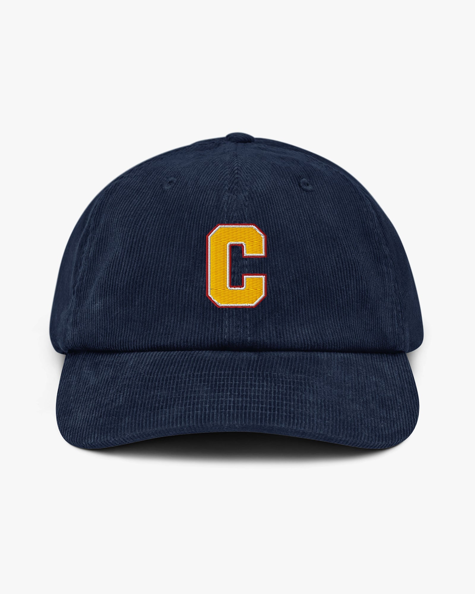 Baron and Buck varsity monogram corduroy hat in Oxford Navy, front view, featuring embroidered initial and classic baseball cap silhouette