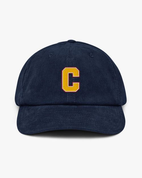 Baron and Buck varsity monogram corduroy hat in Oxford Navy, front view, featuring embroidered initial and classic baseball cap silhouette