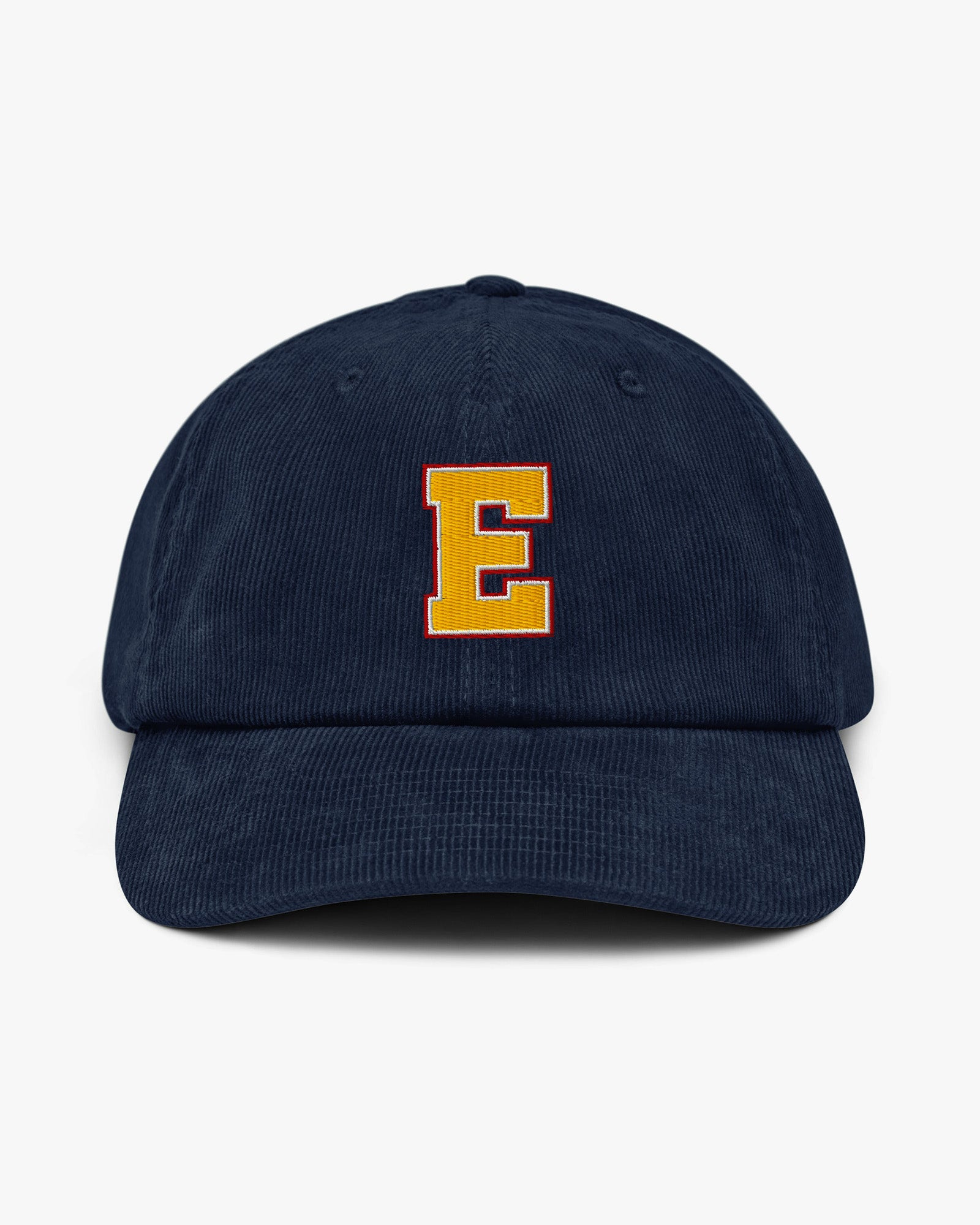 Baron and Buck varsity monogram corduroy hat in Oxford Navy, front view, featuring embroidered initial and classic baseball cap silhouette