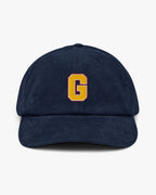 Baron and Buck varsity monogram corduroy hat in Oxford Navy, front view, featuring embroidered initial and classic baseball cap silhouette