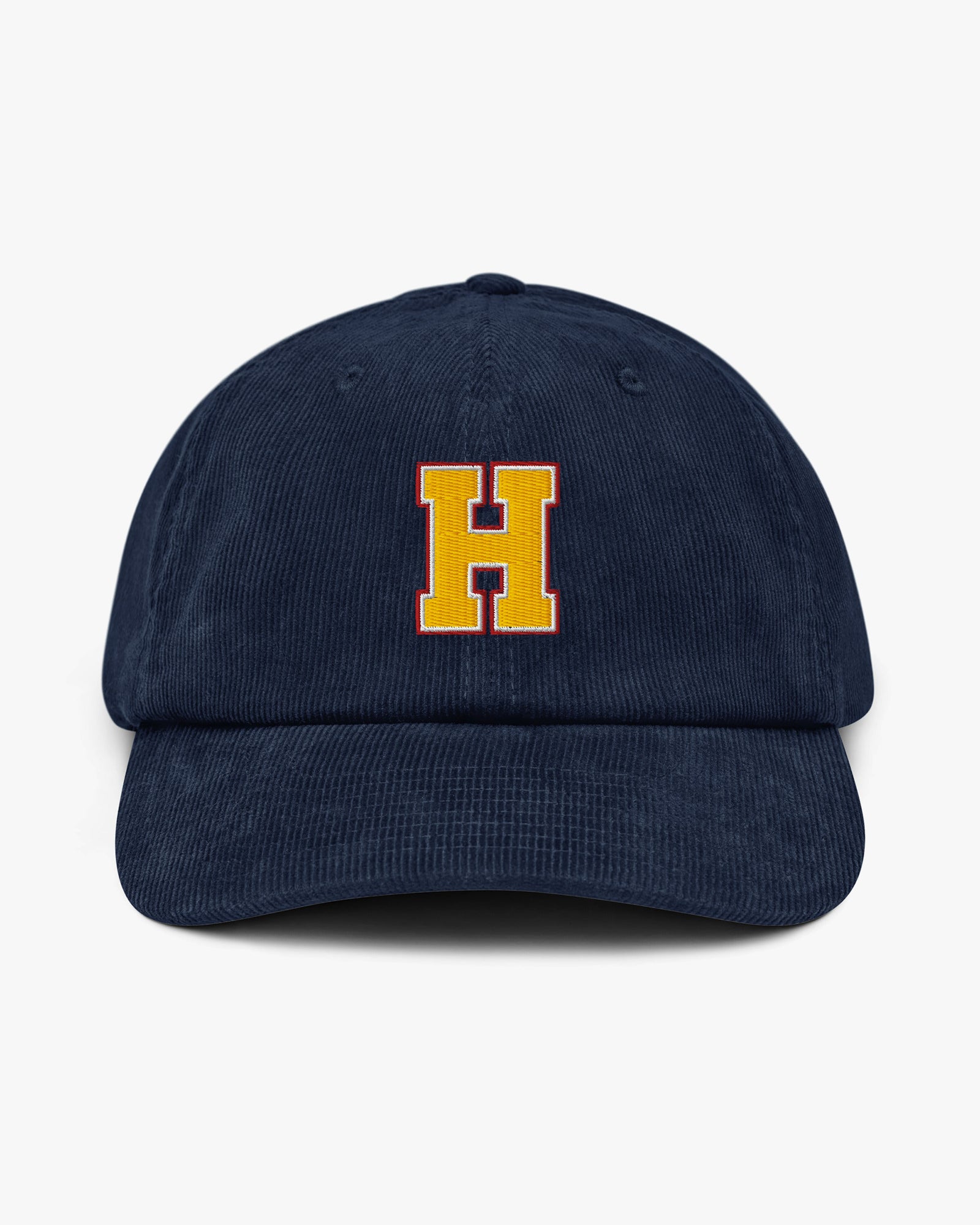 Baron and Buck varsity monogram corduroy hat in Oxford Navy, front view, featuring embroidered initial and classic baseball cap silhouette