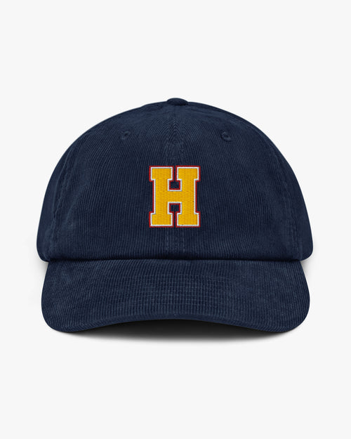Baron and Buck varsity monogram corduroy hat in Oxford Navy, front view, featuring embroidered initial and classic baseball cap silhouette