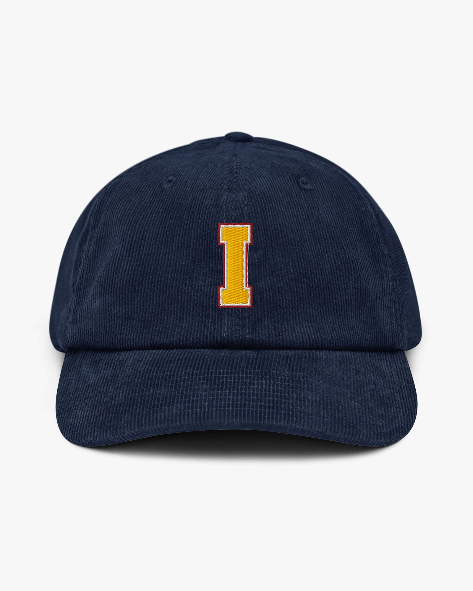 Baron and Buck varsity monogram corduroy hat in Oxford Navy, front view, featuring embroidered initial and classic baseball cap silhouette