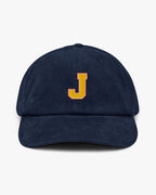 Baron and Buck varsity monogram corduroy hat in Oxford Navy, front view, featuring embroidered initial and classic baseball cap silhouette