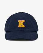 Baron and Buck varsity monogram corduroy hat in Oxford Navy, front view, featuring embroidered initial and classic baseball cap silhouette