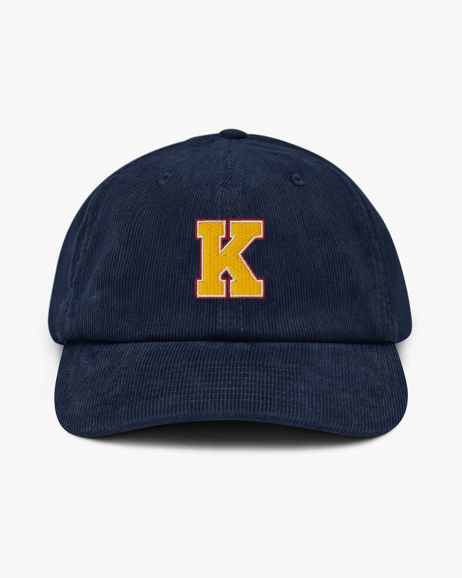 Baron and Buck varsity monogram corduroy hat in Oxford Navy, front view, featuring embroidered initial and classic baseball cap silhouette