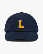 Baron and Buck varsity monogram corduroy hat in Oxford Navy, front view, featuring embroidered initial and classic baseball cap silhouette
