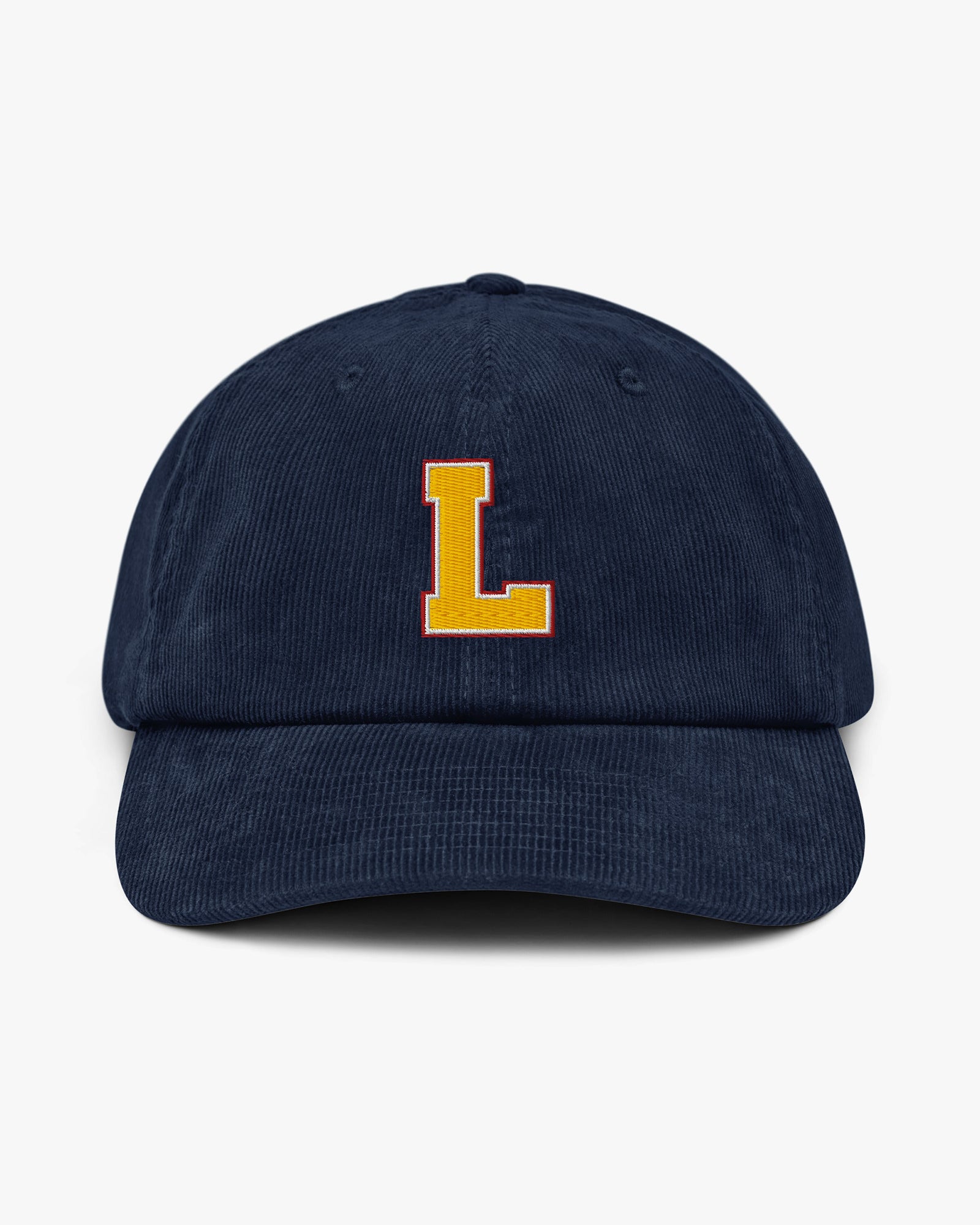 Baron and Buck varsity monogram corduroy hat in Oxford Navy, front view, featuring embroidered initial and classic baseball cap silhouette