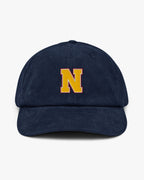 Baron and Buck varsity monogram corduroy hat in Oxford Navy, front view, featuring embroidered initial and classic baseball cap silhouette