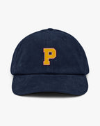 Baron and Buck varsity monogram corduroy hat in Oxford Navy, front view, featuring embroidered initial and classic baseball cap silhouette