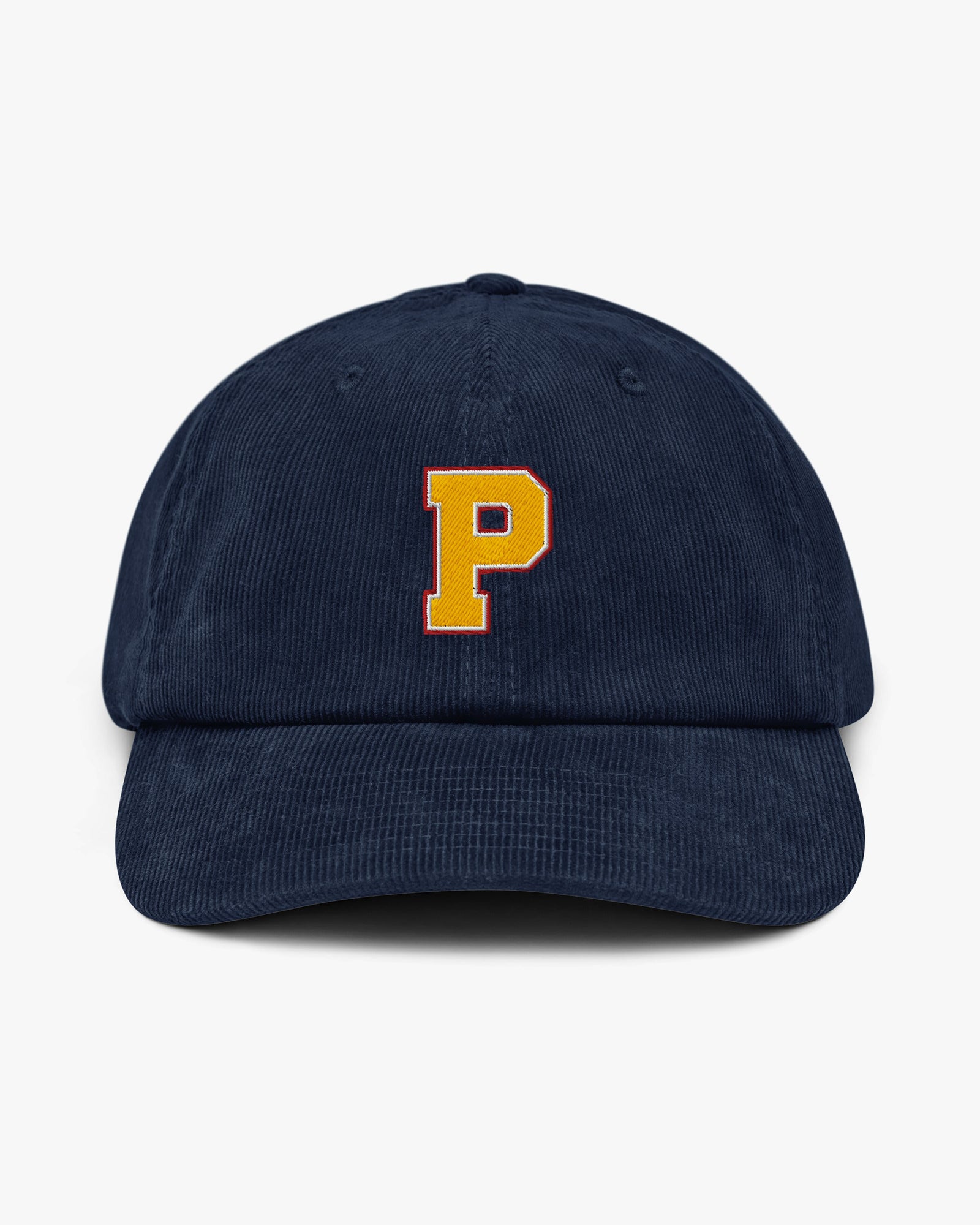 Baron and Buck varsity monogram corduroy hat in Oxford Navy, front view, featuring embroidered initial and classic baseball cap silhouette