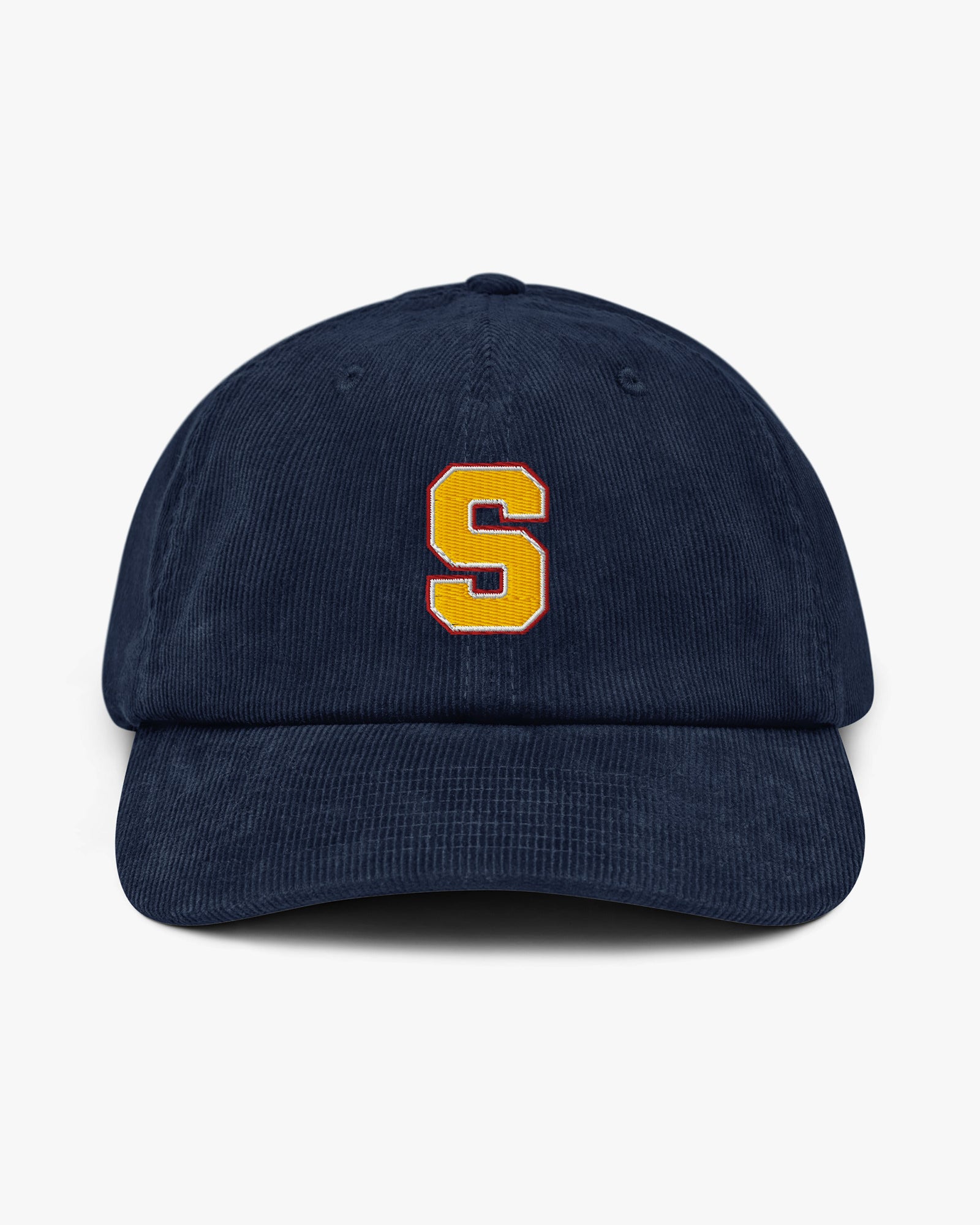 Baron and Buck varsity monogram corduroy hat in Oxford Navy, front view, featuring embroidered initial and classic baseball cap silhouette