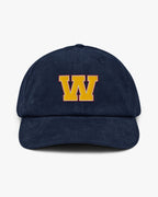 Baron and Buck varsity monogram corduroy hat in Oxford Navy, front view, featuring embroidered initial and classic baseball cap silhouette