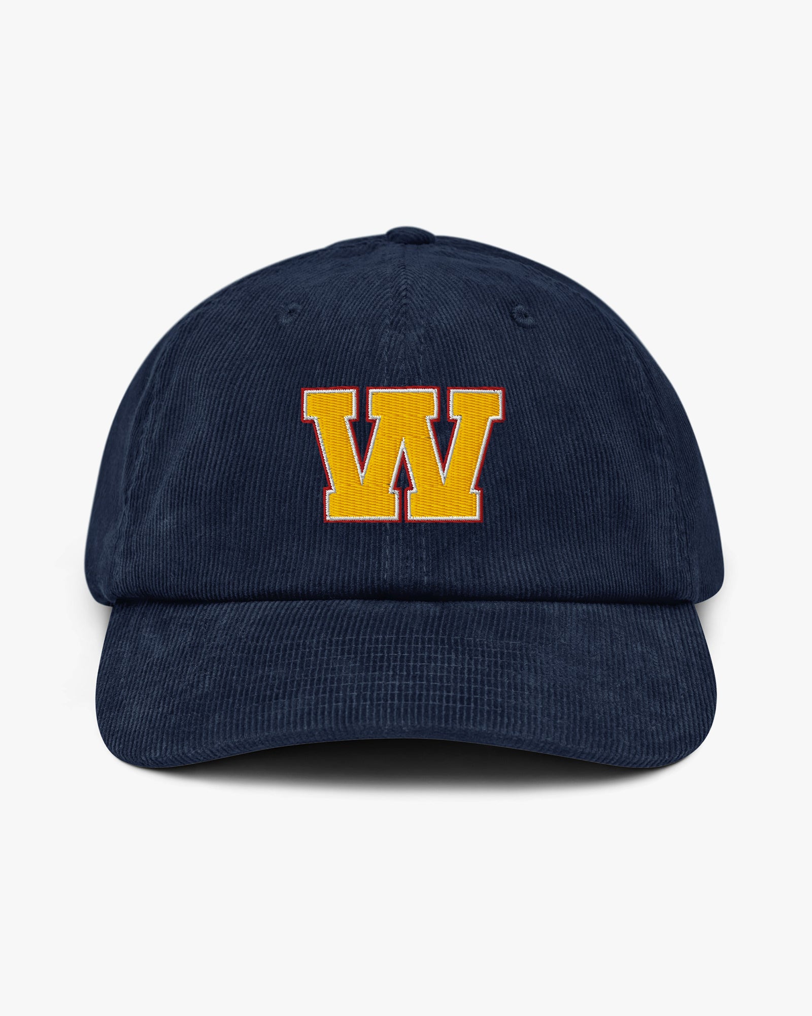 Baron and Buck varsity monogram corduroy hat in Oxford Navy, front view, featuring embroidered initial and classic baseball cap silhouette