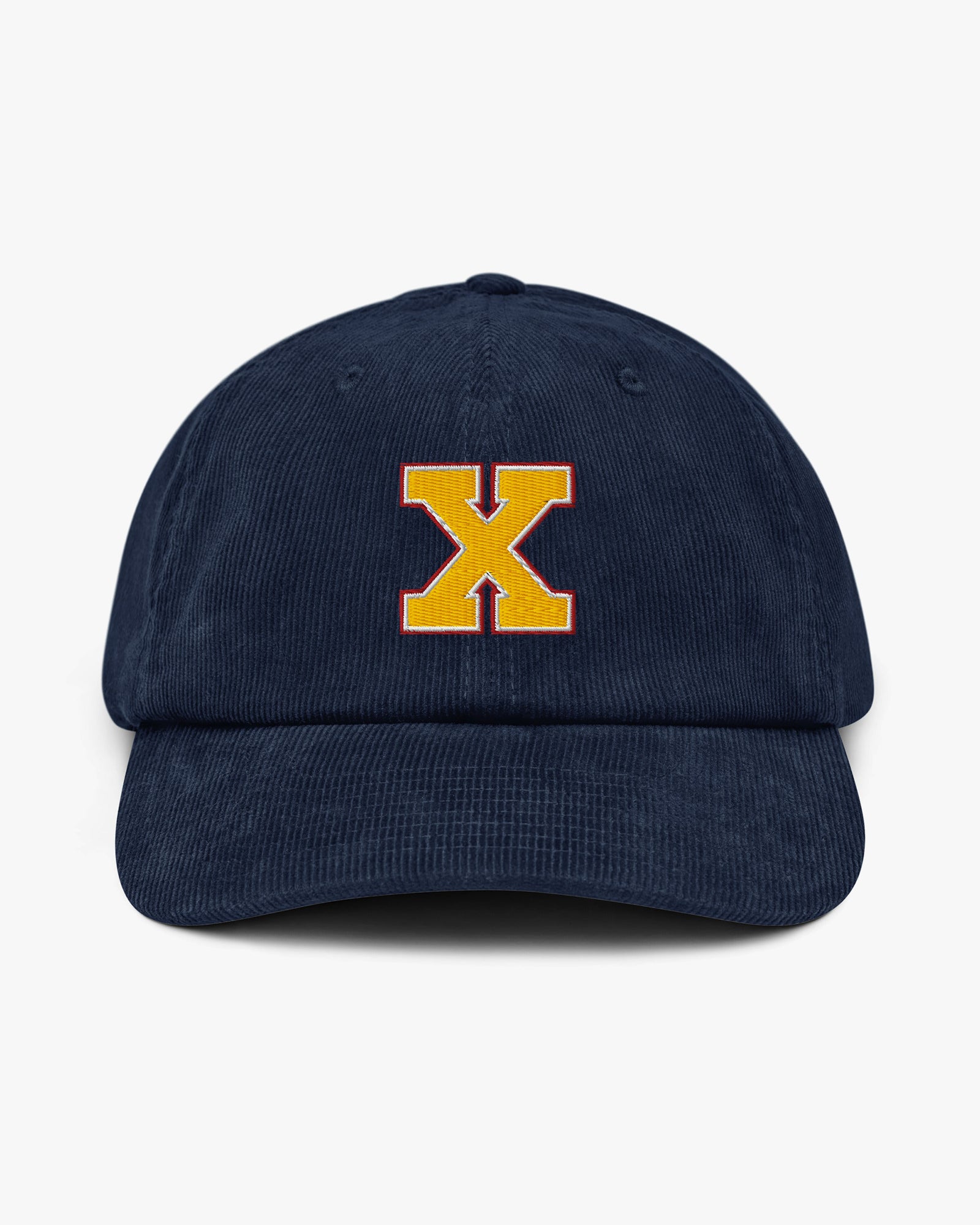 Baron and Buck varsity monogram corduroy hat in Oxford Navy, front view, featuring embroidered initial and classic baseball cap silhouette