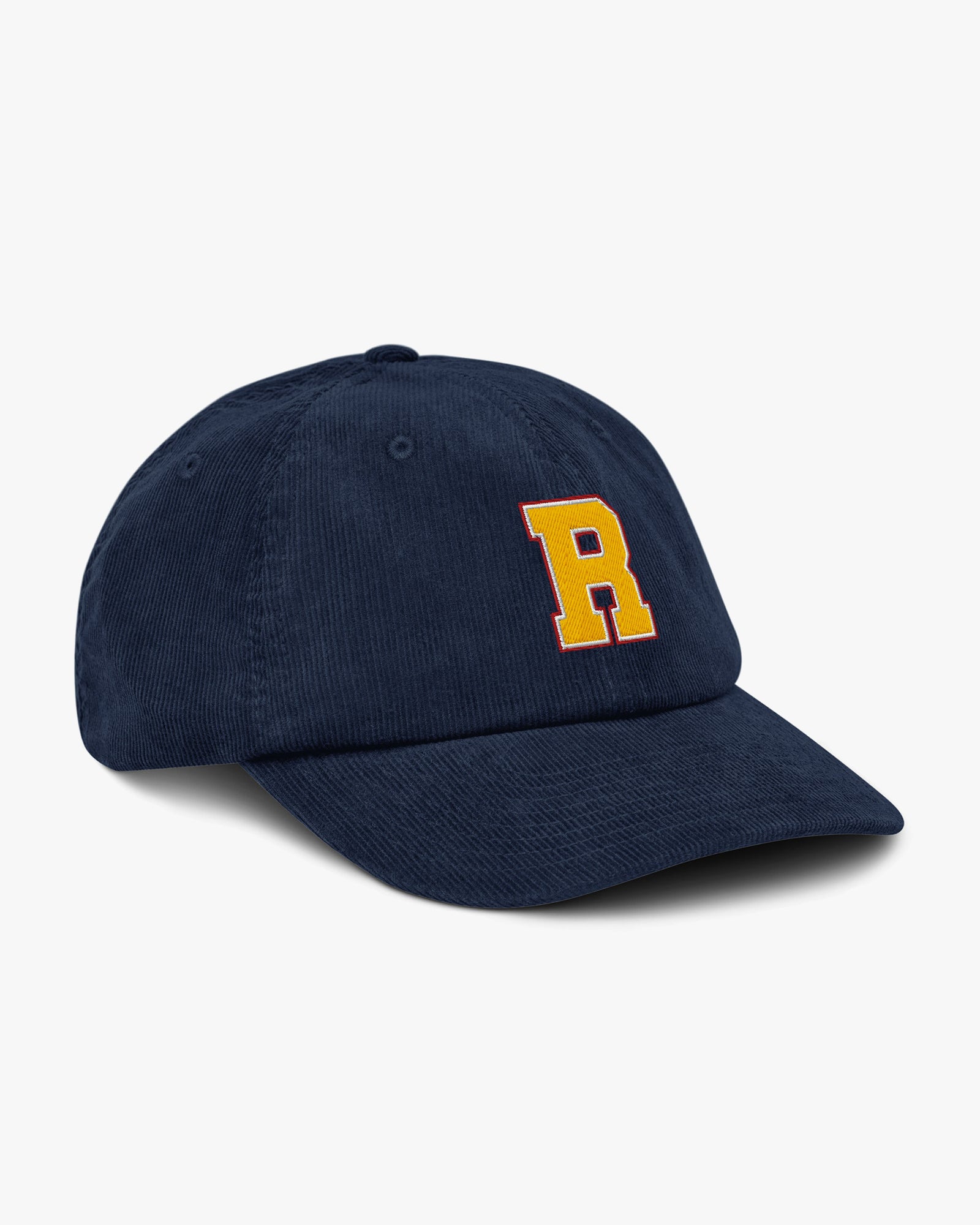 Side angle of Baron and Buck varsity monogram corduroy hat in Oxford Navy, showing embroidered monogram and structured crown