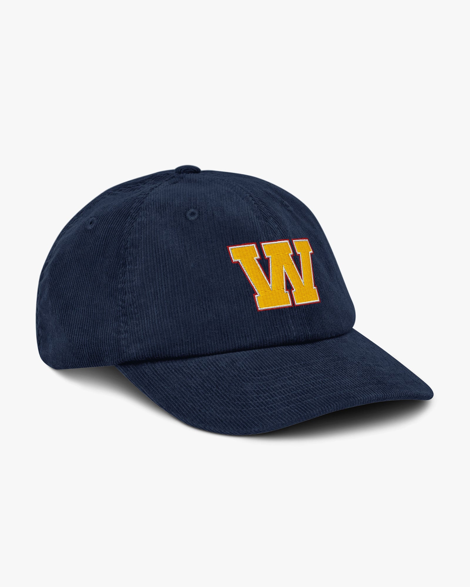 Side angle of Baron and Buck varsity monogram corduroy hat in Oxford Navy, showing embroidered monogram and structured crown