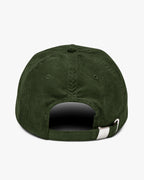 Back view of Baron and Buck varsity monogram corduroy hat in Dark Olive with adjustable corduroy strap and metal buckle