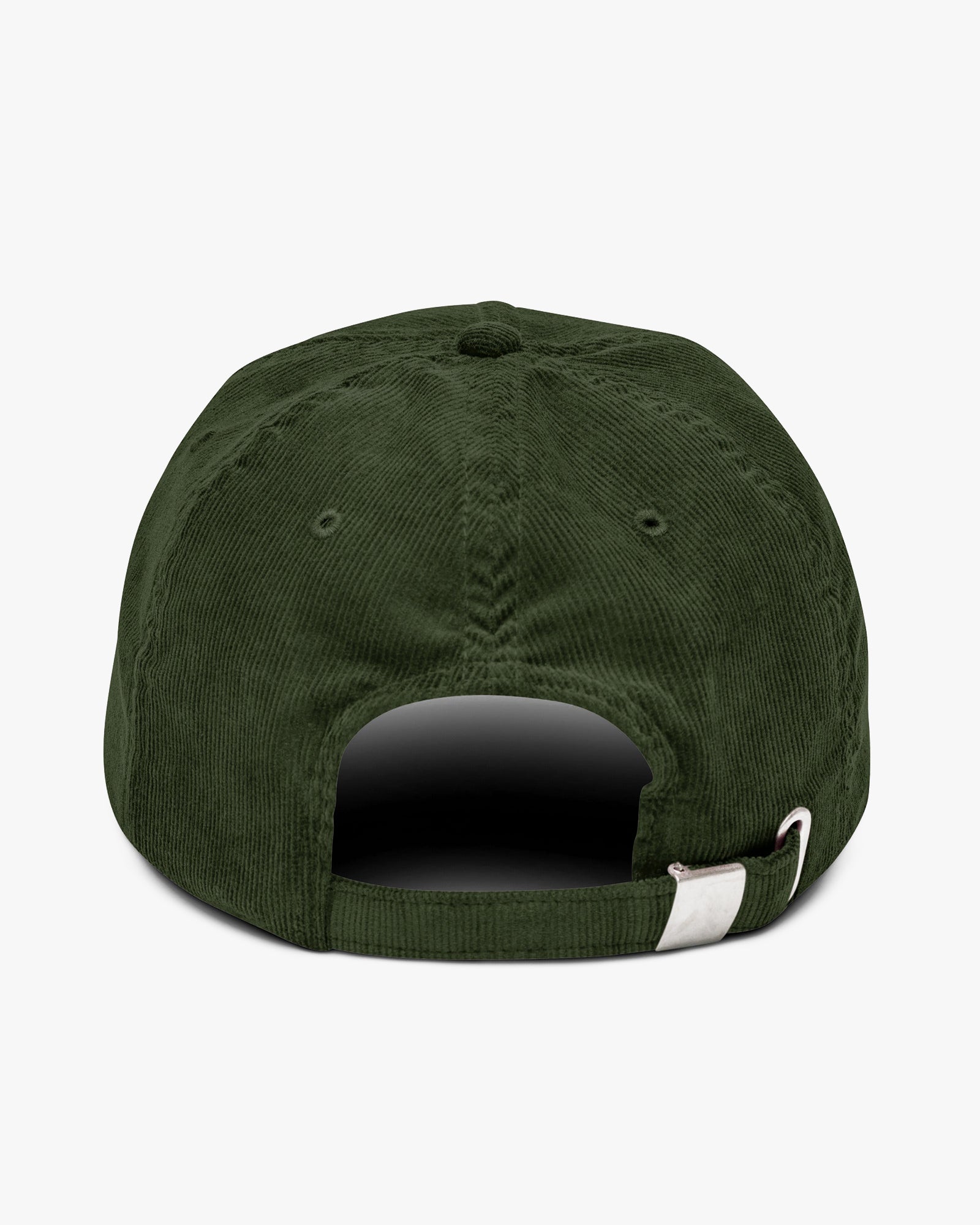 Back view of Baron and Buck varsity monogram corduroy hat in Dark Olive with adjustable corduroy strap and metal buckle