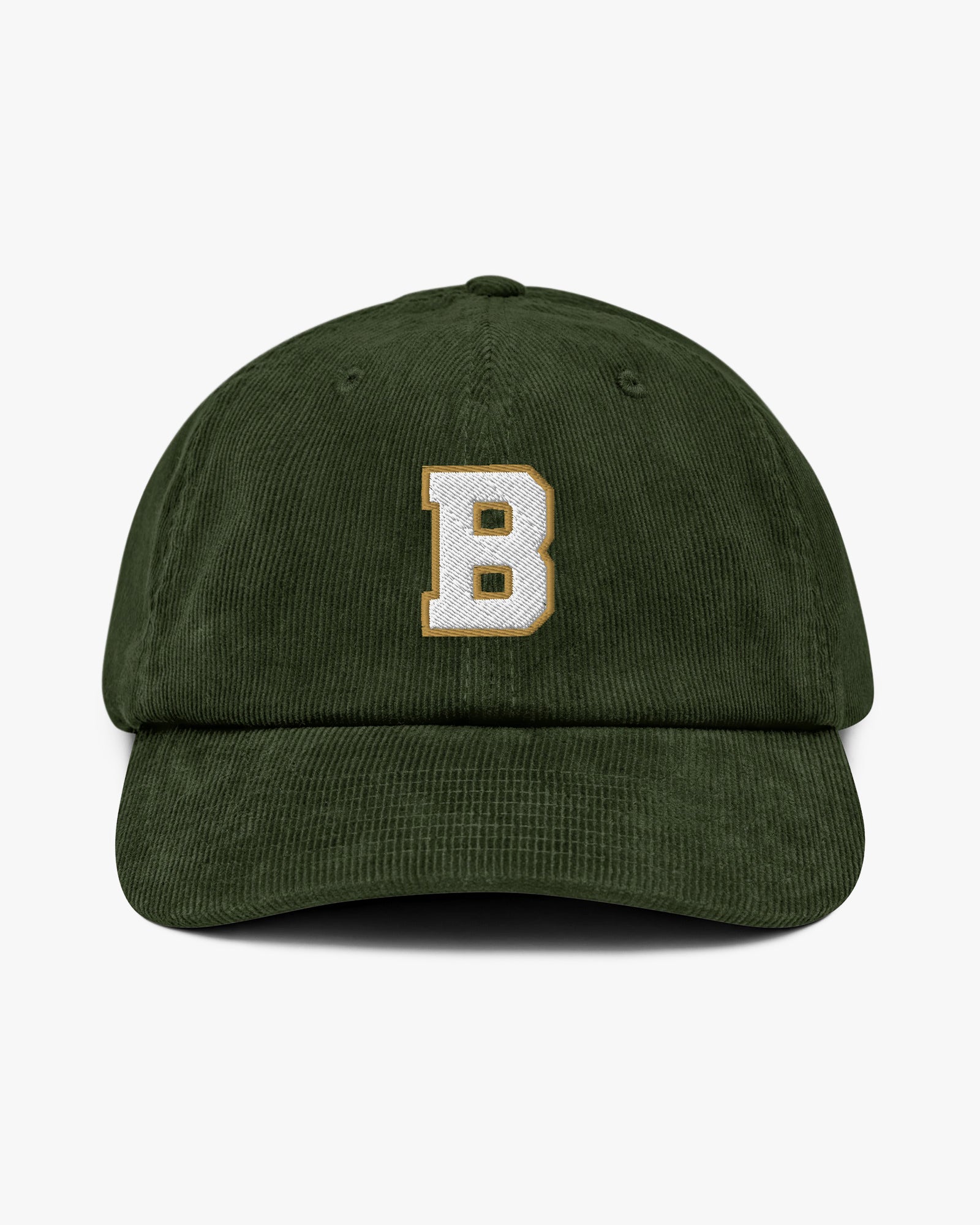Baron and Buck varsity monogram corduroy hat in Dark Olive, front view, featuring embroidered initial and classic baseball cap silhouette