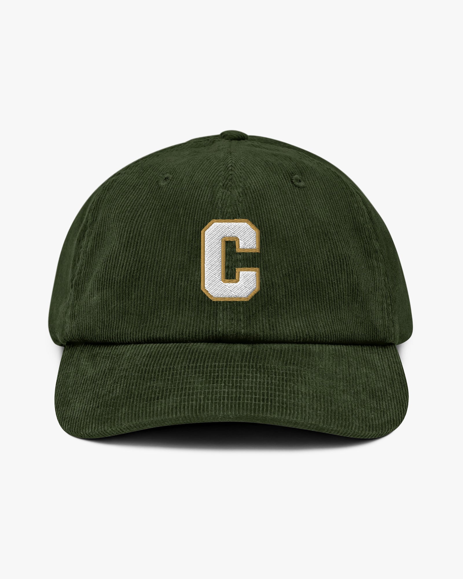 Baron and Buck varsity monogram corduroy hat in Dark Olive, front view, featuring embroidered initial and classic baseball cap silhouette