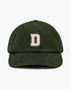 Baron and Buck varsity monogram corduroy hat in Dark Olive, front view, featuring embroidered initial and classic baseball cap silhouette
