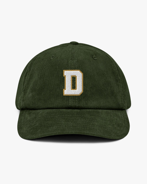 Baron and Buck varsity monogram corduroy hat in Dark Olive, front view, featuring embroidered initial and classic baseball cap silhouette
