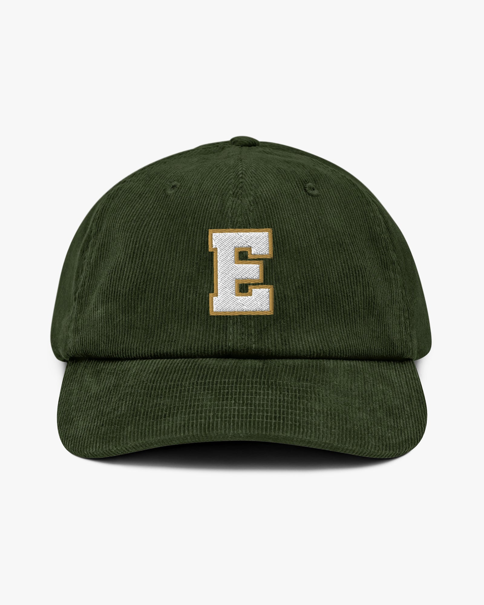 Baron and Buck varsity monogram corduroy hat in Dark Olive, front view, featuring embroidered initial and classic baseball cap silhouette