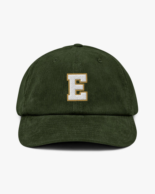 Baron and Buck varsity monogram corduroy hat in Dark Olive, front view, featuring embroidered initial and classic baseball cap silhouette