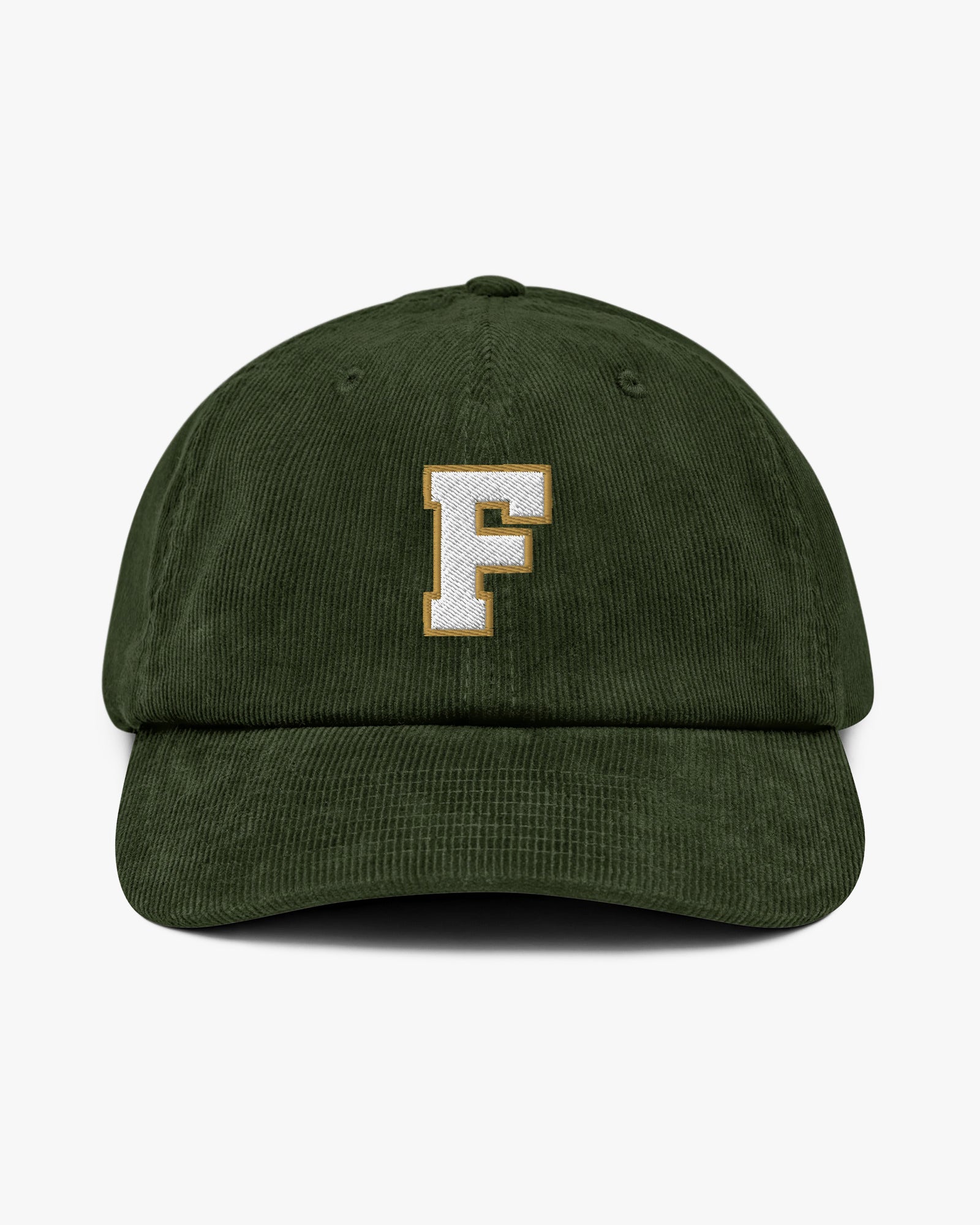 Baron and Buck varsity monogram corduroy hat in Dark Olive, front view, featuring embroidered initial and classic baseball cap silhouette