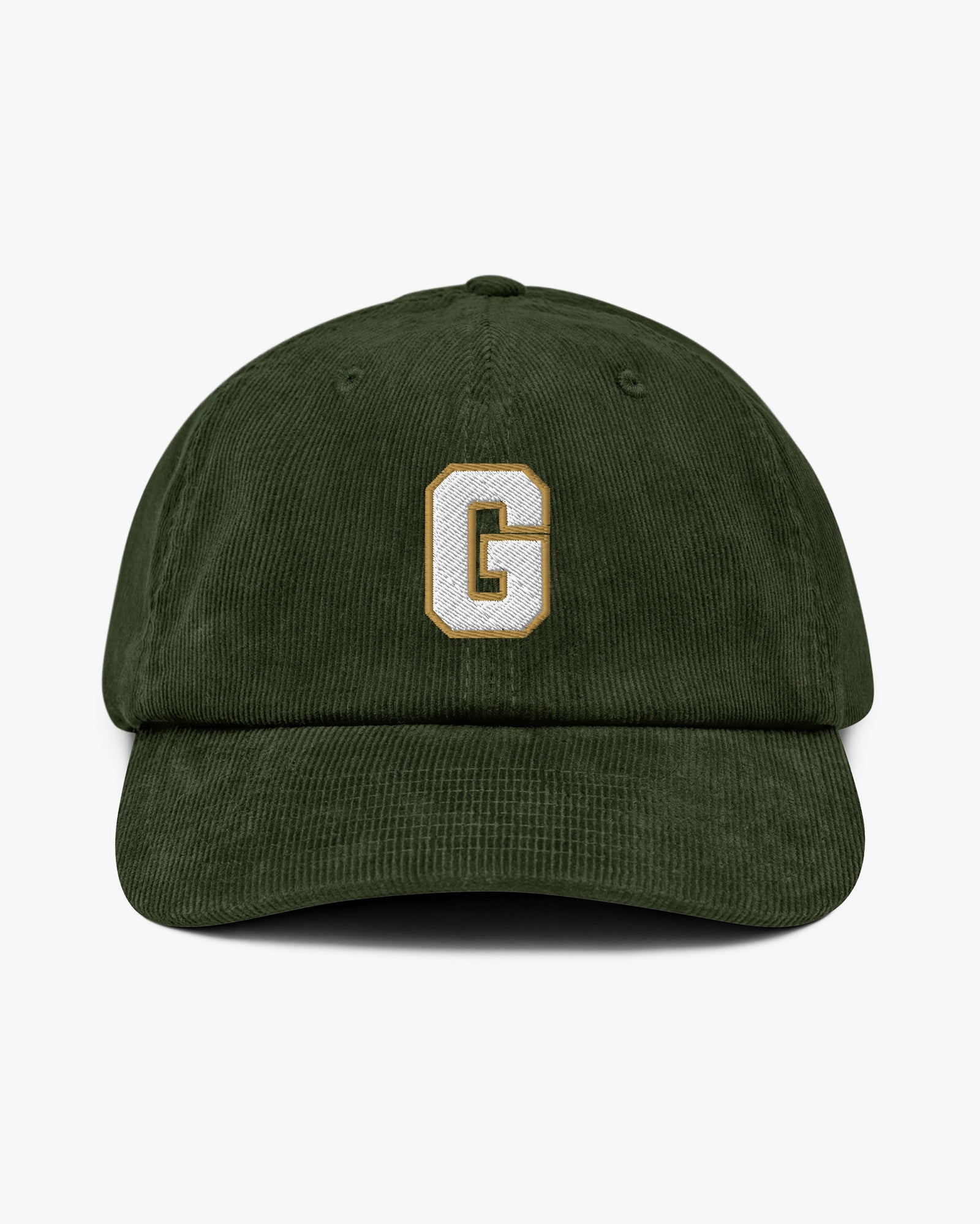 Baron and Buck varsity monogram corduroy hat in Dark Olive, front view, featuring embroidered initial and classic baseball cap silhouette